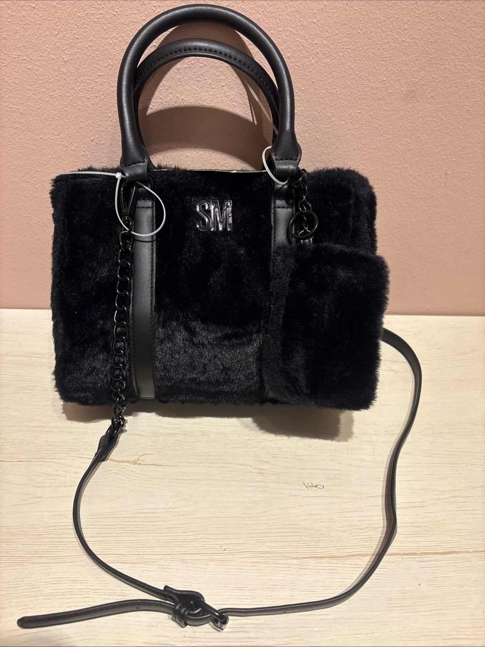 Steve Madden Faux Fur Crossbody Handbag Black Bmickey NEW Tote